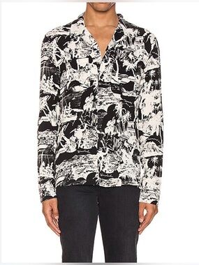 AllSaints Hawaiian Print Button Up Shirt Black Cream Size L